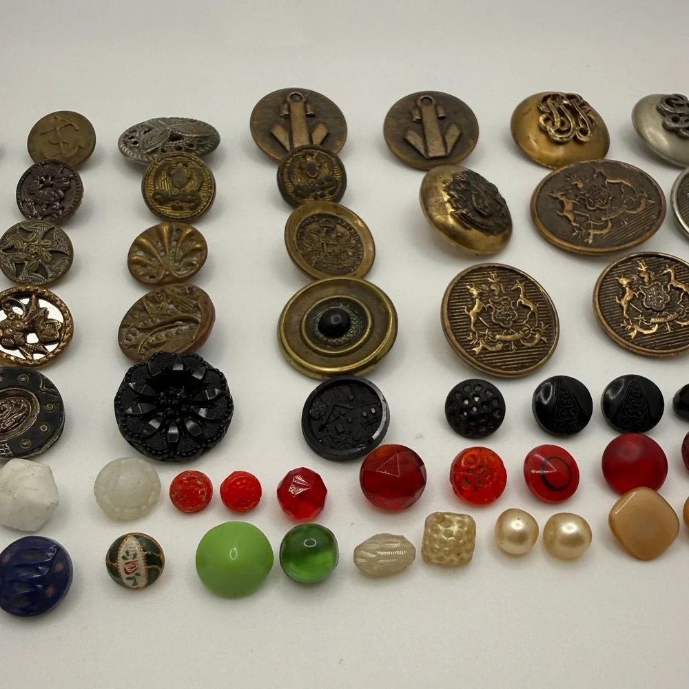 Vintage and Antique Button Lot Mixed Materials Brass Glass Military 60+ Pieces